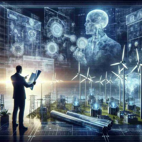 An ultra high-definition, realistic image representing a major innovation in the energy sector. It encapsulates a powerful, groundbreaking advancement being publicized. Show someone, who is not a specific public figure, in a leadership role, perhaps holding blueprints or models of innovative, eco-friendly technologies such as solar panels, wind turbines or hydrogen fuel cells. The scene could be set in a hi-tech lab or at the site of a cutting-edge renewable energy project.