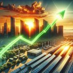 A realistic, high-definition image of a symbolic representation of the surge in stock for a solar energy company. Make it vivid and dramatic. Illustrate a graphical chart with a green line soaring upwards against the backdrop of a city skyline at sunset, the setting sun symbolising a revolution in renewable energy and solar technology. On the ground, depict various solar panels absorbing the beautiful rays and arrays of solar panels dotting the landscape. Please note, no company names or logos should be visible in the image.