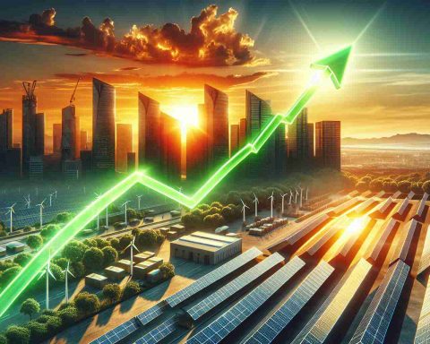 A realistic, high-definition image of a symbolic representation of the surge in stock for a solar energy company. Make it vivid and dramatic. Illustrate a graphical chart with a green line soaring upwards against the backdrop of a city skyline at sunset, the setting sun symbolising a revolution in renewable energy and solar technology. On the ground, depict various solar panels absorbing the beautiful rays and arrays of solar panels dotting the landscape. Please note, no company names or logos should be visible in the image.