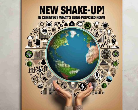 Generate an image presenting a metaphorical depiction of a shake-up in climate strategy. It can include elements such as a symbolic representation of Earth, various signs indicating adjustments or changes, and a vibe of innovation. Further, show a large headline in the image saying 'New Shake-Up in Climate Strategy! Find Out What’s Being Proposed Now' to emphasize the urgency and significance of the issue.