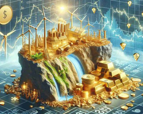 Create a realistic high-definition visual interpretation of the concept: 'Is the Energy Sector the Untapped Goldmine for Future Investment?' This could include a gold mine with symbolic energy sector elements, such as wind turbines, solar panels, and hydroelectric dams, mingled with traditional indicators of economic prosperity, like gold bars and stock market graphs.