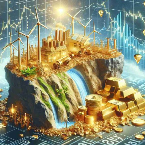 Create a realistic high-definition visual interpretation of the concept: 'Is the Energy Sector the Untapped Goldmine for Future Investment?' This could include a gold mine with symbolic energy sector elements, such as wind turbines, solar panels, and hydroelectric dams, mingled with traditional indicators of economic prosperity, like gold bars and stock market graphs.