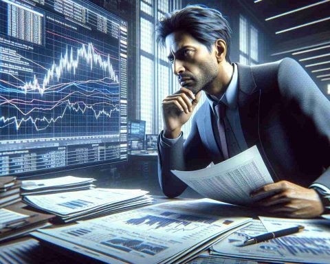 Generate a photorealistic image in high definition depicting the scenario of a top analyst in a thoughtful pose, perhaps leaning over documents full of data, graphs and charts. The analyst is a middle-aged South Asian man, wearing semi-formal clothes. Behind him, there's a large digital screen showing real-time market data. His face reveals a hint of surprise, suggesting that he has just made a significant discovery. Note that the scene should suggest there might be an intriguing backstory to this analyst that's not immediately apparent. Convey this idea without any explicit or textual information about the 'untold story.'