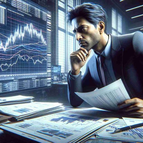 Generate a photorealistic image in high definition depicting the scenario of a top analyst in a thoughtful pose, perhaps leaning over documents full of data, graphs and charts. The analyst is a middle-aged South Asian man, wearing semi-formal clothes. Behind him, there's a large digital screen showing real-time market data. His face reveals a hint of surprise, suggesting that he has just made a significant discovery. Note that the scene should suggest there might be an intriguing backstory to this analyst that's not immediately apparent. Convey this idea without any explicit or textual information about the 'untold story.'