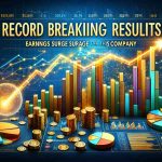 An HD realistic image showcasing the text 'Record Breaking Results! Earnings Surge for This Company' in bold, impactful font. The backdrop for the text is a backdrop of ascending bar charts and pie graphs. These diagrams are populated with vibrant colors where the bars and segments are heading upwards, demonstrating significant growth. Also, the image contains symbols of a healthy business environment such as a collection of gold coins, a graph of upward-trending stocks, and a glowing arrow pointing upwards.