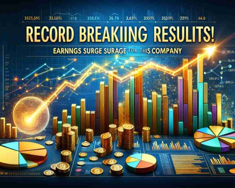 An HD realistic image showcasing the text 'Record Breaking Results! Earnings Surge for This Company' in bold, impactful font. The backdrop for the text is a backdrop of ascending bar charts and pie graphs. These diagrams are populated with vibrant colors where the bars and segments are heading upwards, demonstrating significant growth. Also, the image contains symbols of a healthy business environment such as a collection of gold coins, a graph of upward-trending stocks, and a glowing arrow pointing upwards.