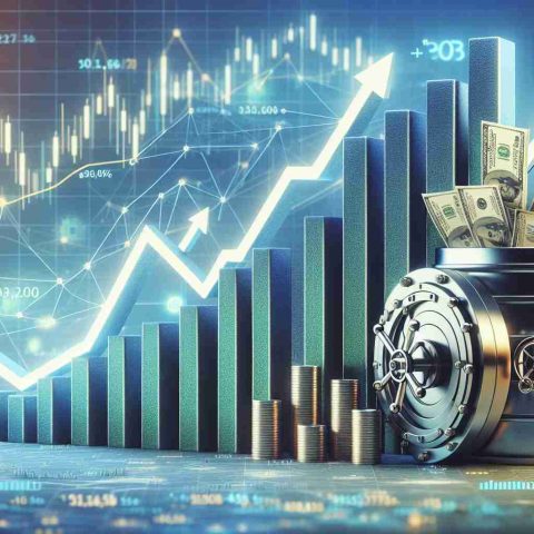 Generate an image of a booming market represented by a large, 3D bar graph with soaring arrows. Nestled within this scene, illustrate a secure vault deposit box symbolizing the security market. The emphasis is on the positive growth and skyrocketing trajectory of the big data industry, particularly the security market. The scene is to give an impression of a realistic HD photo, encapsulating the concept of economic growth in the digital age.