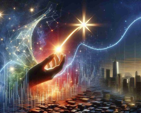 Depiction of a metaphorical moment where a rising star is illuminating the abstract concept of U.S. markets. The star is near to the horizon, symbolizing its rise, casting soft incandescent light onto the embodiment of the markets, visualized as a dynamic landscape of buildings and graphs. A surprising catch is subtly suggested in the scene through an unexpected element or twist.