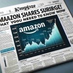 A detailed and realistic digital illustration of a newspaper headline reading, 'Amazon Shares Surge! What You Need to Know Now'. Beside the headline, there's an uptrend graph depicting soaring share prices and a photo of the Amazon logo. The rest of the page is filled with financial analysis-related text and smaller sub-headlines.