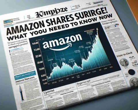 A detailed and realistic digital illustration of a newspaper headline reading, 'Amazon Shares Surge! What You Need to Know Now'. Beside the headline, there's an uptrend graph depicting soaring share prices and a photo of the Amazon logo. The rest of the page is filled with financial analysis-related text and smaller sub-headlines.