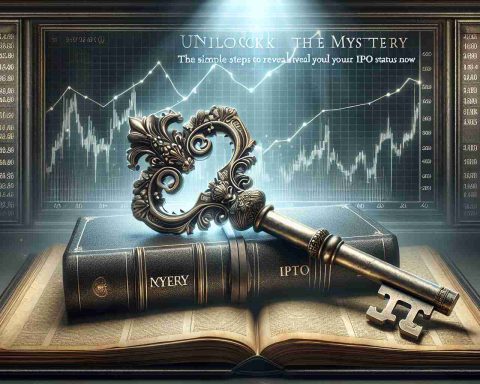 A high definition, photorealistic image featuring a large, intricately designed antique key with ornate details in the foreground. It's placed on a trove of unknown bound documents, symbolizing a 'mystery to be unlocked'. In the background, a stock market graph with increasing trend line is shown, indicating 'IPO status'. A light beam illuminates the key and the documents, symbolizing 'revelation'. At the top, in an elegant, bold, and large font, the text reads: 'Unlock the Mystery: The Simple Steps to Reveal Your IPO Status Now'.