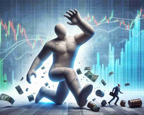 A high-definition, realistic depiction of a metaphorical scene signifying a shake-up in the energy sector. The scene could include a representation of a giant person, symbolizing the energy giant, tripping or stumbling. The background shows the fluctuating stock market charts indicative of volatile market conditions. Please don't include any company logos or identifiable insignia.