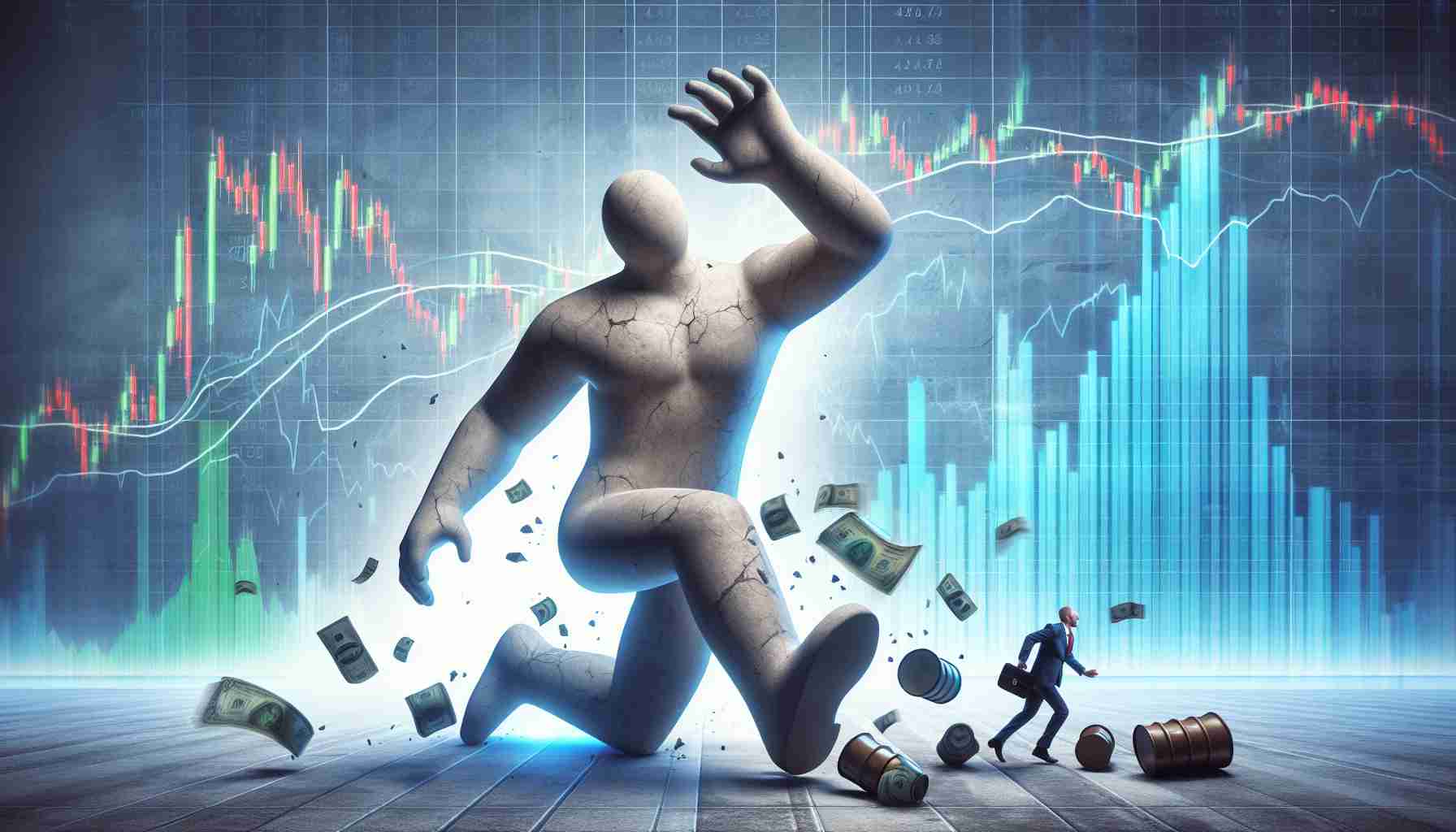 A high-definition, realistic depiction of a metaphorical scene signifying a shake-up in the energy sector. The scene could include a representation of a giant person, symbolizing the energy giant, tripping or stumbling. The background shows the fluctuating stock market charts indicative of volatile market conditions. Please don't include any company logos or identifiable insignia.