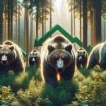 Realistic high-definition image of multiple brown bears prowling through a dense forest underlining the primal power and beauty of nature. This image should serve as a metaphor for the question, 'Are we prepared for a prolonged downturn?'