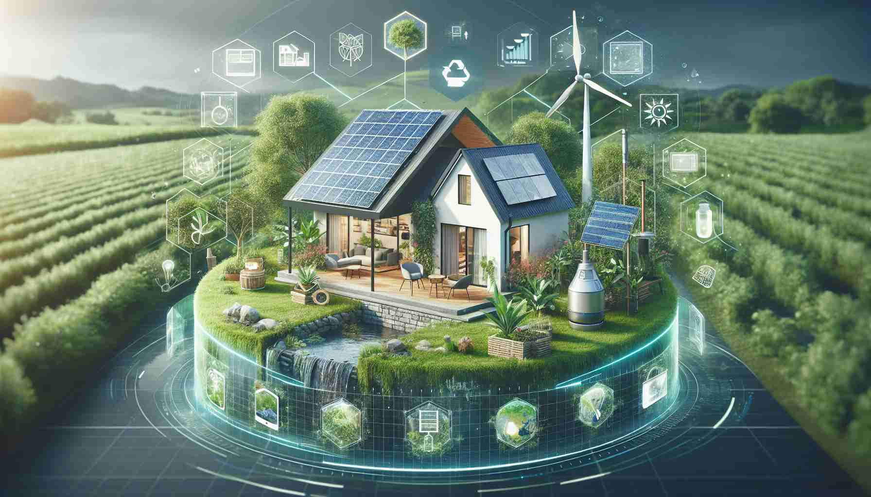 Generate a HD image illustrating the concept of '0.Energy'. Show an environmentally friendly home equipped with solar panels, a wind turbine, and lush green surroundings indicating organic gardening. Nearby, display futuristic gadgets that function on sustainable energy. Overlay this with subtle graphics representing energy conservation and environmental friendliness, symbiotically portraying how '0.Energy' could potentially impact our future lifestyle.