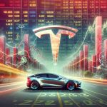 Create a striking, high-definition editorial-style image depicting the concept of Tesla's influence in the Electric Vehicle (EV) market. The scene should contain a vibrant stock market background with blurred digits and financial charts. In the foreground, a large, stylized 'T', possibly made from abstracted electric vehicle elements. Include symbols indicating unexpected twists and turns, such as winding roads or maze elements. Please note that the text 'Why is Tesla Stock the Talk of the Town? The Unexpected Twist in the EV Market' is included within the composition.