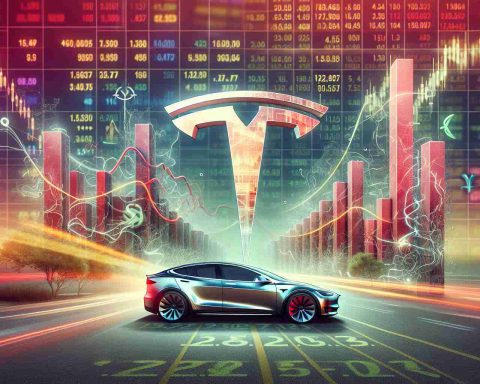 Create a striking, high-definition editorial-style image depicting the concept of Tesla's influence in the Electric Vehicle (EV) market. The scene should contain a vibrant stock market background with blurred digits and financial charts. In the foreground, a large, stylized 'T', possibly made from abstracted electric vehicle elements. Include symbols indicating unexpected twists and turns, such as winding roads or maze elements. Please note that the text 'Why is Tesla Stock the Talk of the Town? The Unexpected Twist in the EV Market' is included within the composition.