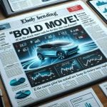 Image of a realistic, high-definition newspaper front page titled 'Bold Move!', with articles relating to the electric vehicle industry. The main headline inquires if the stock market is ready for this turn of events, with related charts and statistics depicted throughout the newsprint.