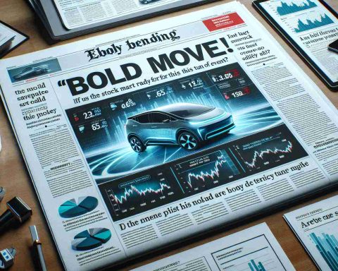 Image of a realistic, high-definition newspaper front page titled 'Bold Move!', with articles relating to the electric vehicle industry. The main headline inquires if the stock market is ready for this turn of events, with related charts and statistics depicted throughout the newsprint.