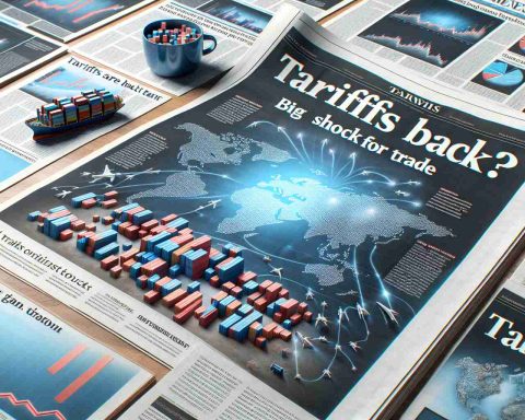 Realistic and high-definition image of a newspaper headline that reads 'Tariffs Are Back? Big Shock for Trade' with accompanying articles and graphs depicting the impact and responses from various industries.