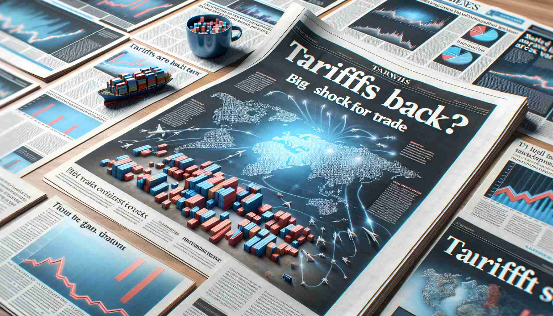 Realistic and high-definition image of a newspaper headline that reads 'Tariffs Are Back? Big Shock for Trade' with accompanying articles and graphs depicting the impact and responses from various industries.