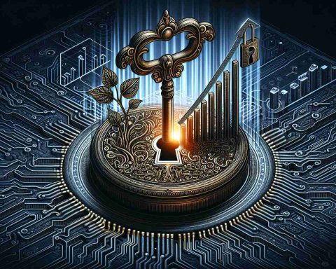 Graphic illustration representing the concepts of uncovering secrets and driving success in Initial Public Offerings (IPOs). This could take the form of a large, ornate key turning in an intricate lock that opens to reveal symbols of wealth and growth, such as rising bar graphs or a flourishing tree. The lock and key could be floating on top of a complex circuit board representing Link Intime, a technology-powered platform aiding IPOs. The image should be detailed and be in high-definition.