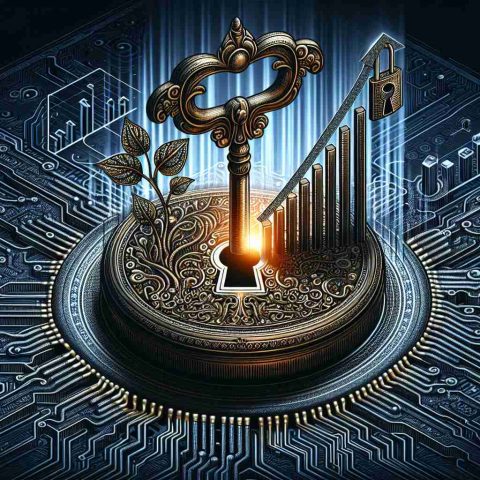 Graphic illustration representing the concepts of uncovering secrets and driving success in Initial Public Offerings (IPOs). This could take the form of a large, ornate key turning in an intricate lock that opens to reveal symbols of wealth and growth, such as rising bar graphs or a flourishing tree. The lock and key could be floating on top of a complex circuit board representing Link Intime, a technology-powered platform aiding IPOs. The image should be detailed and be in high-definition.