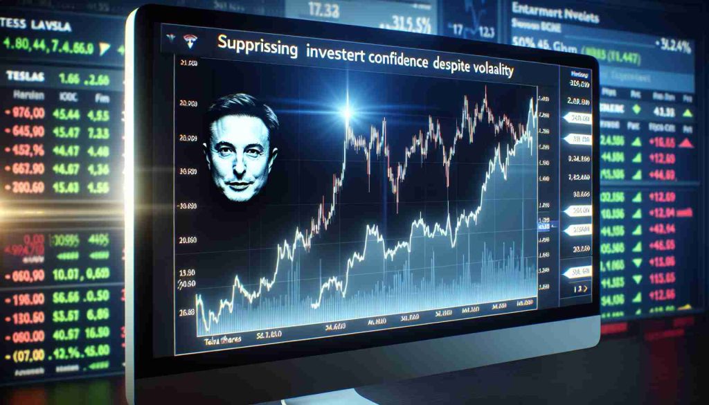 High definition image of a stock market chart with a focus on Tesla shares spiking upwards. The chart is on a computer screen with news headlines in the background talking about surprising investor confidence despite market volatility.