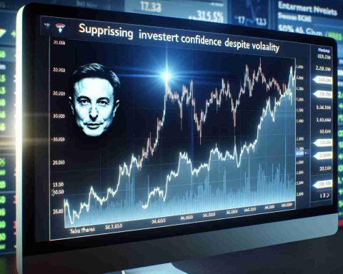 High definition image of a stock market chart with a focus on Tesla shares spiking upwards. The chart is on a computer screen with news headlines in the background talking about surprising investor confidence despite market volatility.