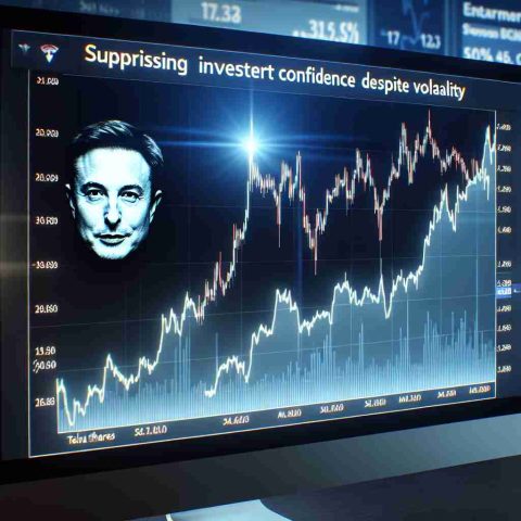 High definition image of a stock market chart with a focus on Tesla shares spiking upwards. The chart is on a computer screen with news headlines in the background talking about surprising investor confidence despite market volatility.