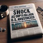 A realistic HD image of a newspaper headline reading 'Shock as Company's $10 Billion U.S. Investment is Announced: Implications for Jobs and Energy Security.' The article teases implications for job creation, energy security, and economic implications. The newspaper is displayed on a wooden table, contrasted by a cup of coffee and a pair of reading glasses aside.