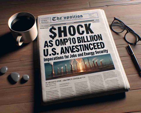 A realistic HD image of a newspaper headline reading 'Shock as Company's $10 Billion U.S. Investment is Announced: Implications for Jobs and Energy Security.' The article teases implications for job creation, energy security, and economic implications. The newspaper is displayed on a wooden table, contrasted by a cup of coffee and a pair of reading glasses aside.