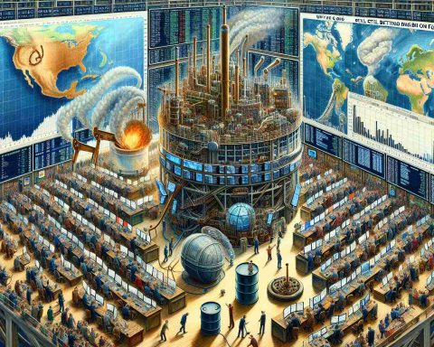 An intricate, realistic, high-definition painting of a scene depicting the theme 'Why are Oil & Gas Investors Still Betting Big on Fossil Fuels?'. The piece should illustrate a stock market setting, with screens showing graphs and statistics skewed toward oil and gas investments, as well as a busy trading floor crowded with people engaged in energetic discussions. In the forefront, a symbolic representation of fossil fuels could be included, such as an oil drum or gas pump. To complete this, a globe displaying different pockets of oil and gas reserves may be in the background, signifying the global reach of these industries.