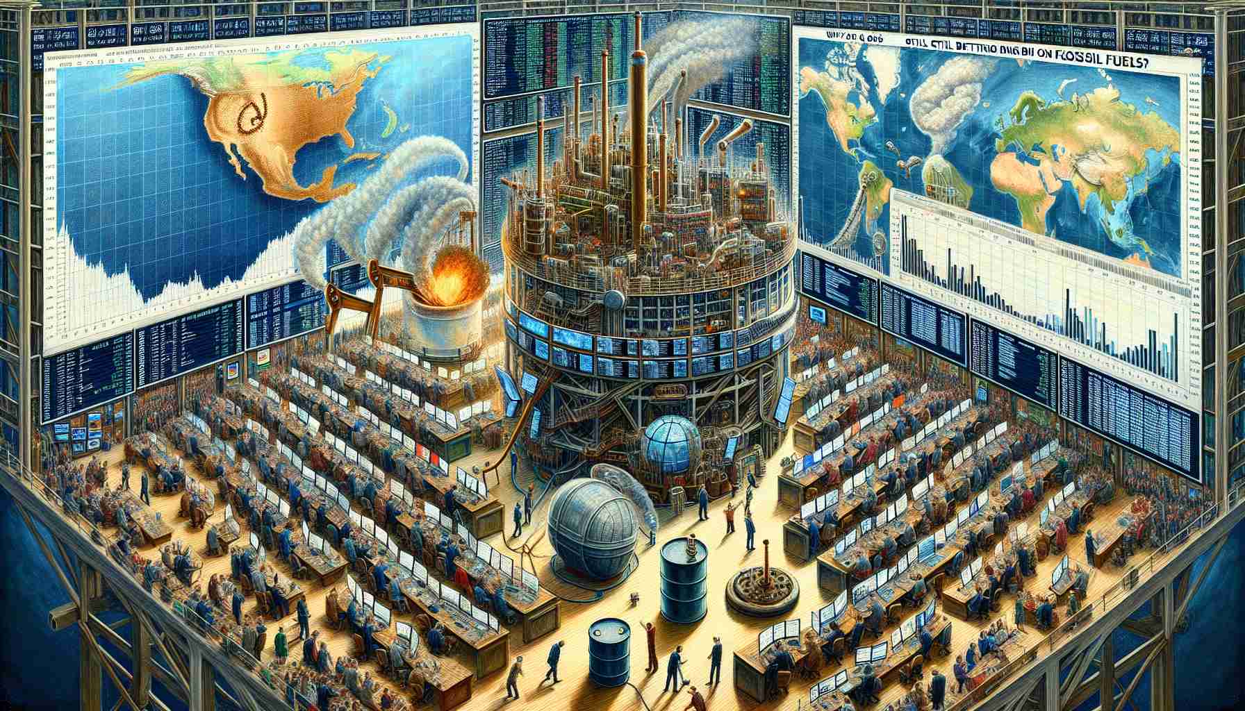 An intricate, realistic, high-definition painting of a scene depicting the theme 'Why are Oil & Gas Investors Still Betting Big on Fossil Fuels?'. The piece should illustrate a stock market setting, with screens showing graphs and statistics skewed toward oil and gas investments, as well as a busy trading floor crowded with people engaged in energetic discussions. In the forefront, a symbolic representation of fossil fuels could be included, such as an oil drum or gas pump. To complete this, a globe displaying different pockets of oil and gas reserves may be in the background, signifying the global reach of these industries.