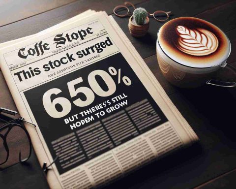 Create a high-definition, realistic image of a news headline stating 'This Stock Surged 650%! But There's Still Room to Grow'. The headline could be on a broadsheet newspaper, set against a background of a coffee shop tabletop. A pair of reading glasses and a freshly made cappuccino with artistic foam could be nearby.