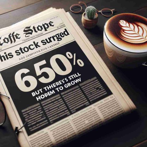 Create a high-definition, realistic image of a news headline stating 'This Stock Surged 650%! But There's Still Room to Grow'. The headline could be on a broadsheet newspaper, set against a background of a coffee shop tabletop. A pair of reading glasses and a freshly made cappuccino with artistic foam could be nearby.