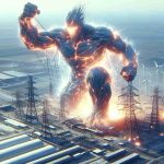 A detailed, high-definition image depicting a fictional 'Energy Giant' making a bold move. This colossal figure, formed of crackling energy and light, towers over a sprawling industrial landscape, perhaps shifting a power line or planting a wind turbine. His imposing presence is contrasted by the unexpected softness of his actions, leaving the viewer curious and anticipating what the next surprising move could be.