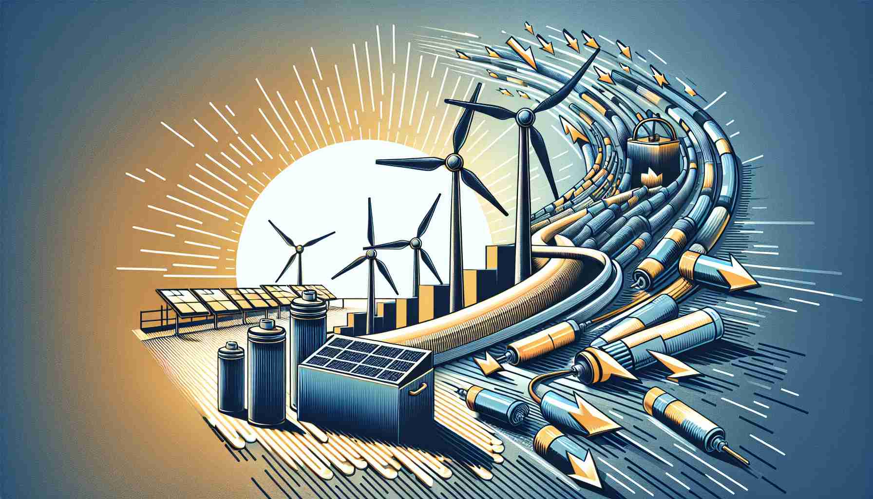 Generate a high-definition realistic image representing the concept of a major shift in strategy for renewable energy. Illustrate this using a creative blend of commonly recognized symbols, such as a wind turbine changing its direction, a solar panel angled towards a rising sun, or batteries getting bigger indicating increased storage capacity. Use natural colours to enhance the authenticity of the image.