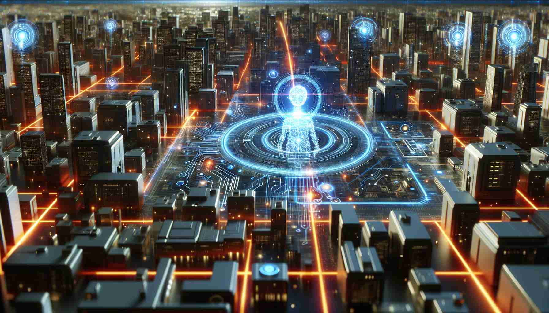 Realistic high definition image depicting a symbolic representation of the influence of artificial intelligence. This can be seen as a futuristic scenario of a digitized city with AI-controlled systems, glowing circuitry, and holographic data visualizations. The visualization should raise a question about what this increased role of AI might mean for the individual's future.