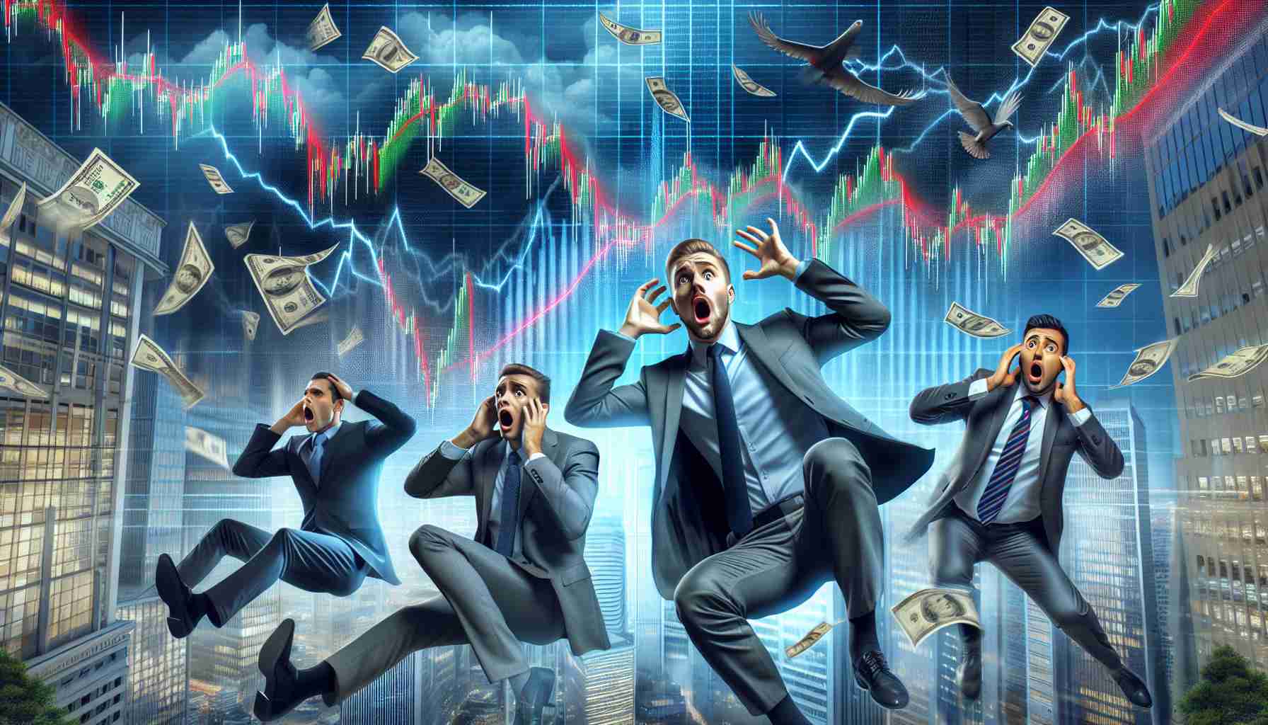 An HD quality, realistically illustrated image depicting a sudden and unexpected change in the stock market. The image should include stock market charts dramatically changing direction, stock exchange building in the background, and investors showing shocked expressions.