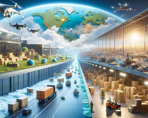 An HD realistic depiction of the boundless aspirations of a giant online retail company. Disparate scenes depict differing perspectives: on the one hand, the economic growth and connectivity offered by the company are celebrated, with sprawling warehouses and delivery drones in action. On the other hand, show the possible downsides: smaller stores struggling to compete, recycling centers overflowing with cardboard packaging. A sense of uncertainty permeates, questioning whether the company's steep growth trajectory benefits all in society.