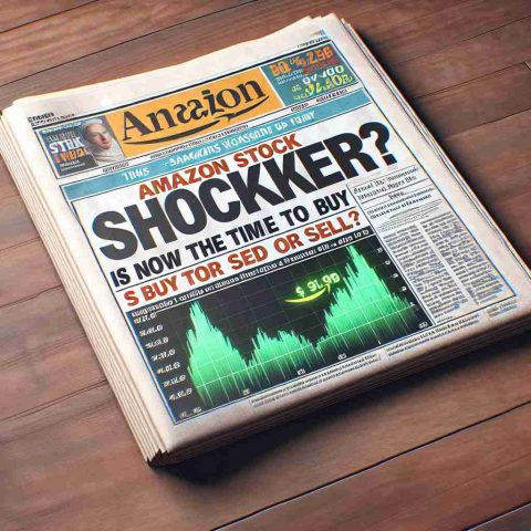 An image of a realistic HD photo showing a financial newspaper front page with the headline - 'Amazon Stock Shocker! Is Now the Time to Buy or Sell?'