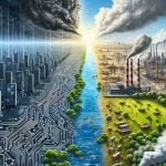 Create a high-definition, realistic illustration symbolizing the contrast between 'Silicon Dreams' and 'Environmental Nightmares'. On one side, visualize a utopian, technology-infused landscape, epitomizing Silicon Dreams - circuit board-patterned fields, towering servers like skyscrapers, sparkling digital rivers. On the other side, depict an Environmental Nightmare - deforestation, industrial pollution, smog-choked skies. The two halves should be sharply divided yet bleeding into one another, a stark reminder of the real impact of our quests for technological advancements.