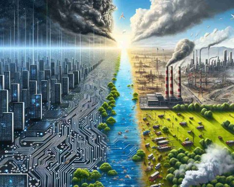 Create a high-definition, realistic illustration symbolizing the contrast between 'Silicon Dreams' and 'Environmental Nightmares'. On one side, visualize a utopian, technology-infused landscape, epitomizing Silicon Dreams - circuit board-patterned fields, towering servers like skyscrapers, sparkling digital rivers. On the other side, depict an Environmental Nightmare - deforestation, industrial pollution, smog-choked skies. The two halves should be sharply divided yet bleeding into one another, a stark reminder of the real impact of our quests for technological advancements.