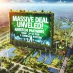 Generate a high-definition, photorealistic image of an enormous promotional banner with the text 'Massive Deal Unveiled! Unseen Partners Team Up for a Greener Future'. Surrounding the banner should be hints of a sustainable, green environment, like solar panels, wind turbines, and a cityscape with numerous trees and parks. There should be an excitement in the air, the anticipatory energy of a big announcement.