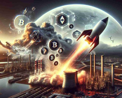 A detailed and realistic HD visualization representing the meteoric rise of a popular cryptocurrency exchange company. Included in the scene are the hidden forces at play which are presented through various symbols: a roaring rocket signifying rapid growth, a storm brewing in the distance embodying potential hurdles, and an industrial scene behind to represent the underlying technological forces. Please do not include any specific logos or trademarks.