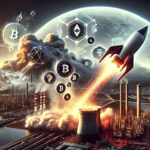 A detailed and realistic HD visualization representing the meteoric rise of a popular cryptocurrency exchange company. Included in the scene are the hidden forces at play which are presented through various symbols: a roaring rocket signifying rapid growth, a storm brewing in the distance embodying potential hurdles, and an industrial scene behind to represent the underlying technological forces. Please do not include any specific logos or trademarks.