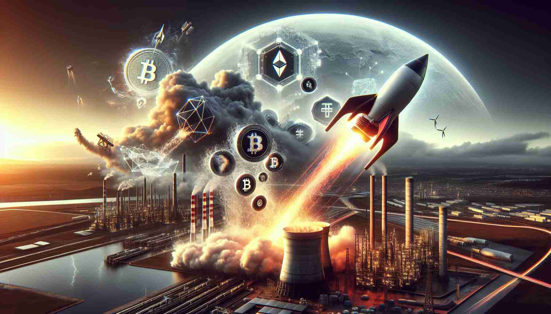 A detailed and realistic HD visualization representing the meteoric rise of a popular cryptocurrency exchange company. Included in the scene are the hidden forces at play which are presented through various symbols: a roaring rocket signifying rapid growth, a storm brewing in the distance embodying potential hurdles, and an industrial scene behind to represent the underlying technological forces. Please do not include any specific logos or trademarks.