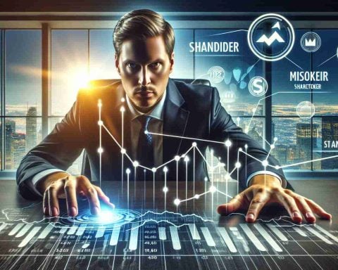 A realistic HD photo depicting a major shareholder in a business setting making a bold move. This could represent a strategic business decision such as a major investment or selling of stocks. The setting includes a large office with a city view referring to Gulfport Energy. Use symbols or graphical elements that indirectly represent the energy sector. Also, hint at an atmosphere of suspense and anticipation for the company's future direction.