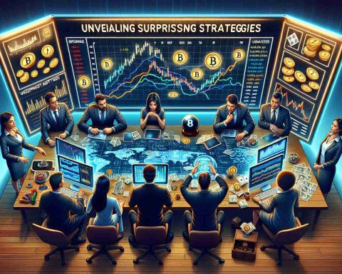 A crisp, high-definition image illustrating the concept of investors making significant financial commitments to a major cryptocurrency exchange platform. The image shows various investors, both male and female of different descents like Caucasian, Asian, and Black, huddled over computer screens displaying graphs and cryptocurrency data. Surprising strategies are hinted at with unexpected assets or tools on the table such as a magic 8 ball, tarot cards or vintage board game pieces. A banner with the text 'Unveiling Surprising Strategies' in bold is seen in the background.